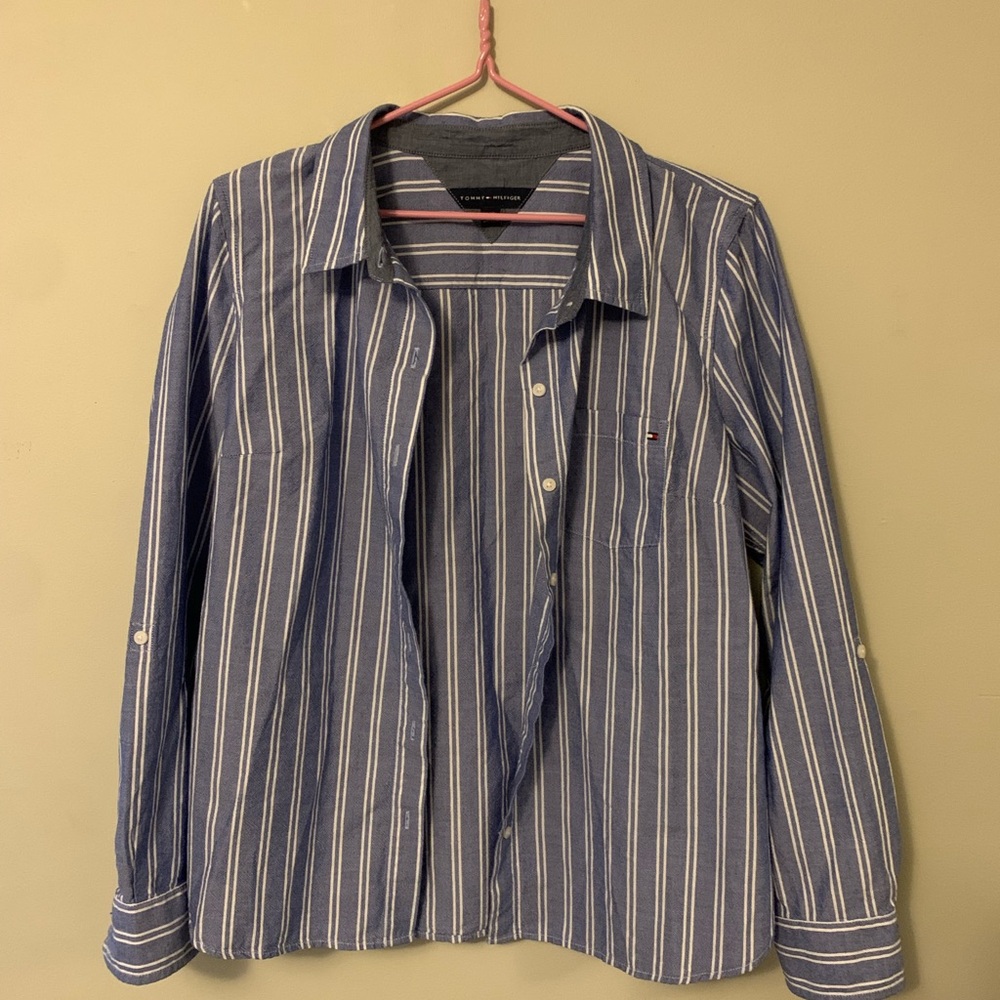 Tommy Hilfiger Navy and White Striped Shirt AS IS